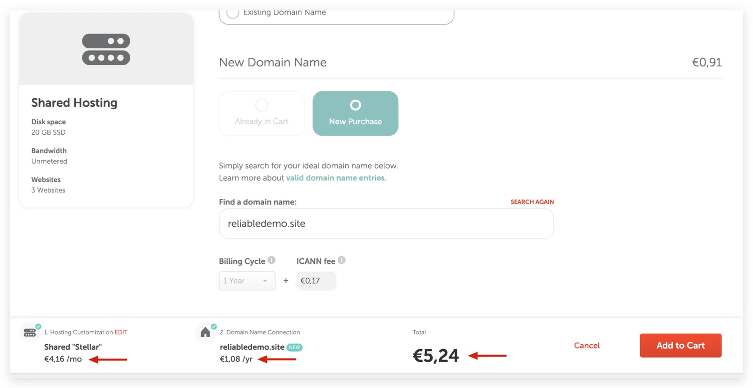 combination price for hosting package and domain