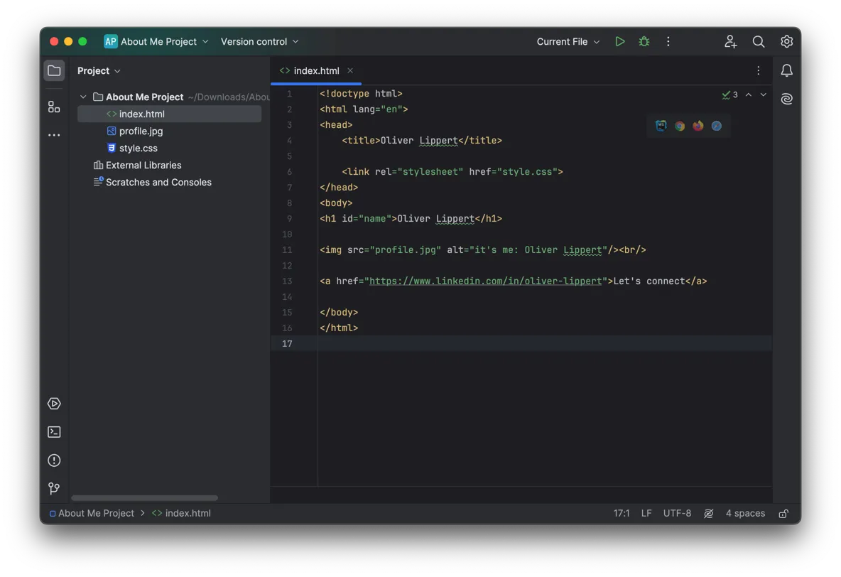 HTML document opened in WebStorm