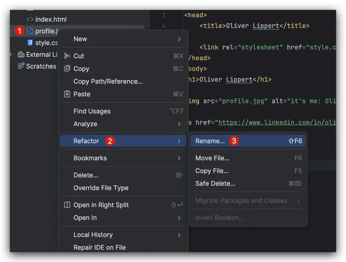 Start file renaming via WebStorm context menu