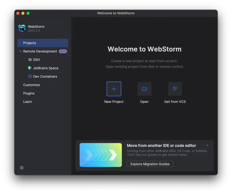 WebStorm welcome screen