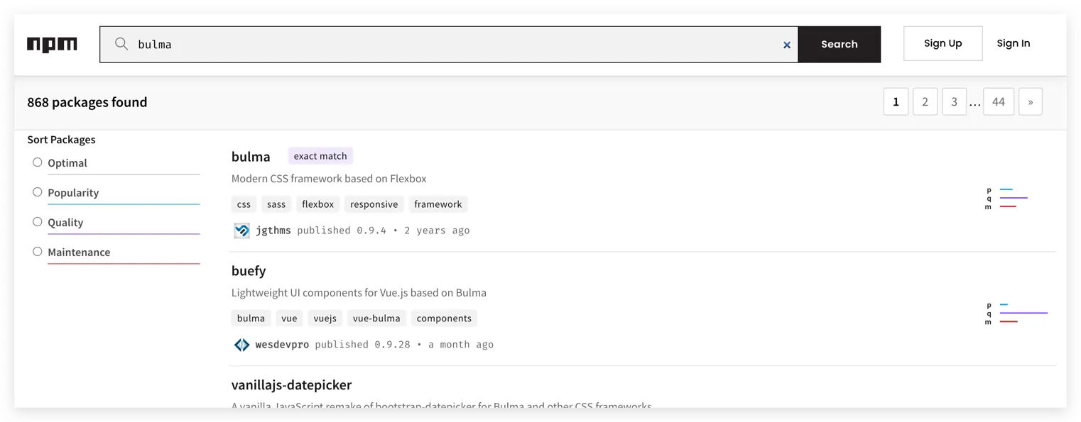 npm registry matches for “bulma”