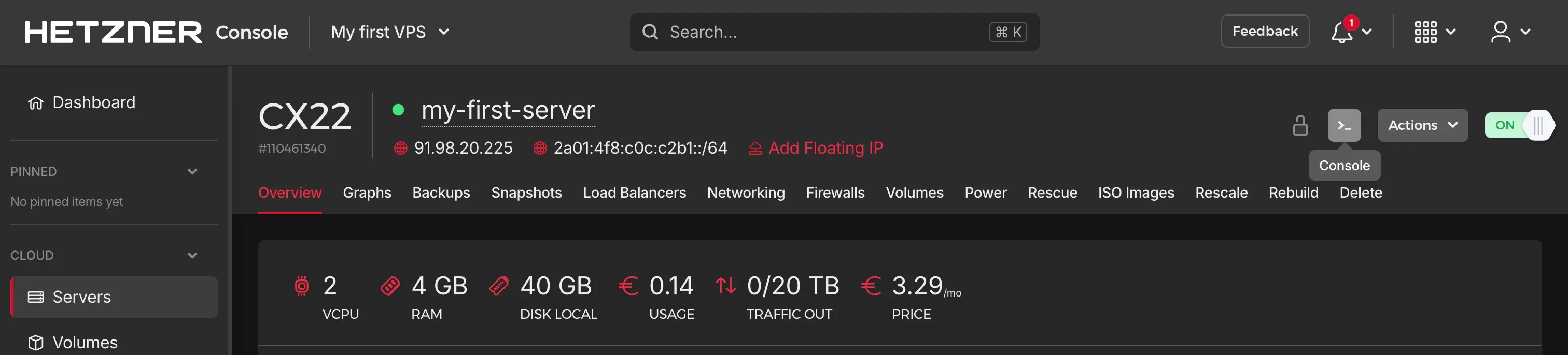 Hetzner console button