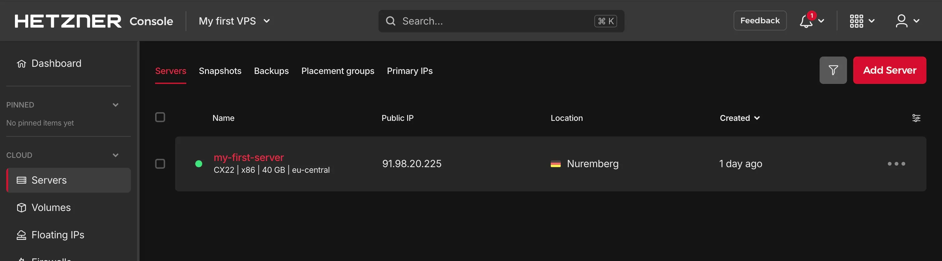 Hetzner console project server list
