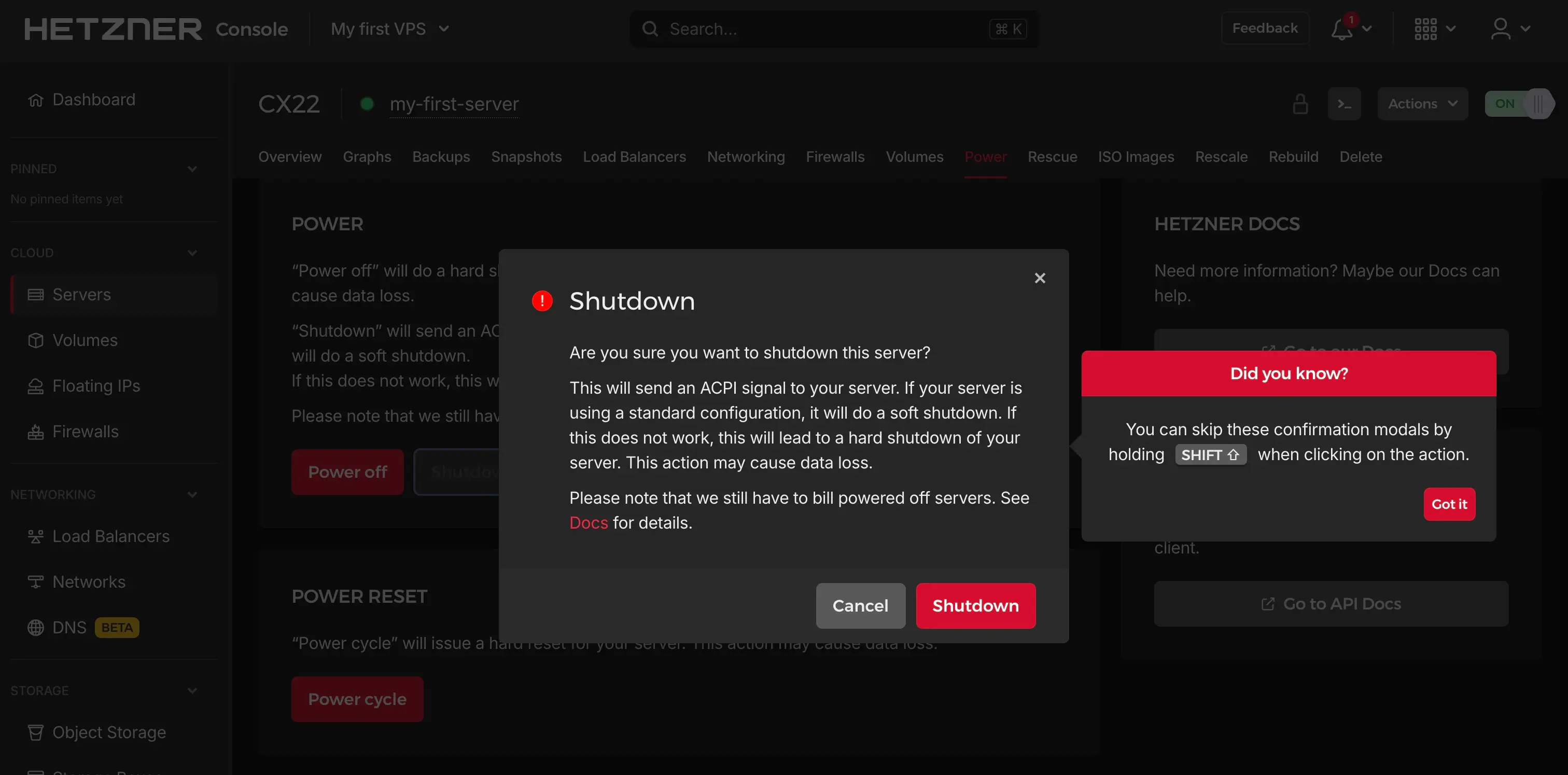 Hetzner VPS power off dialog