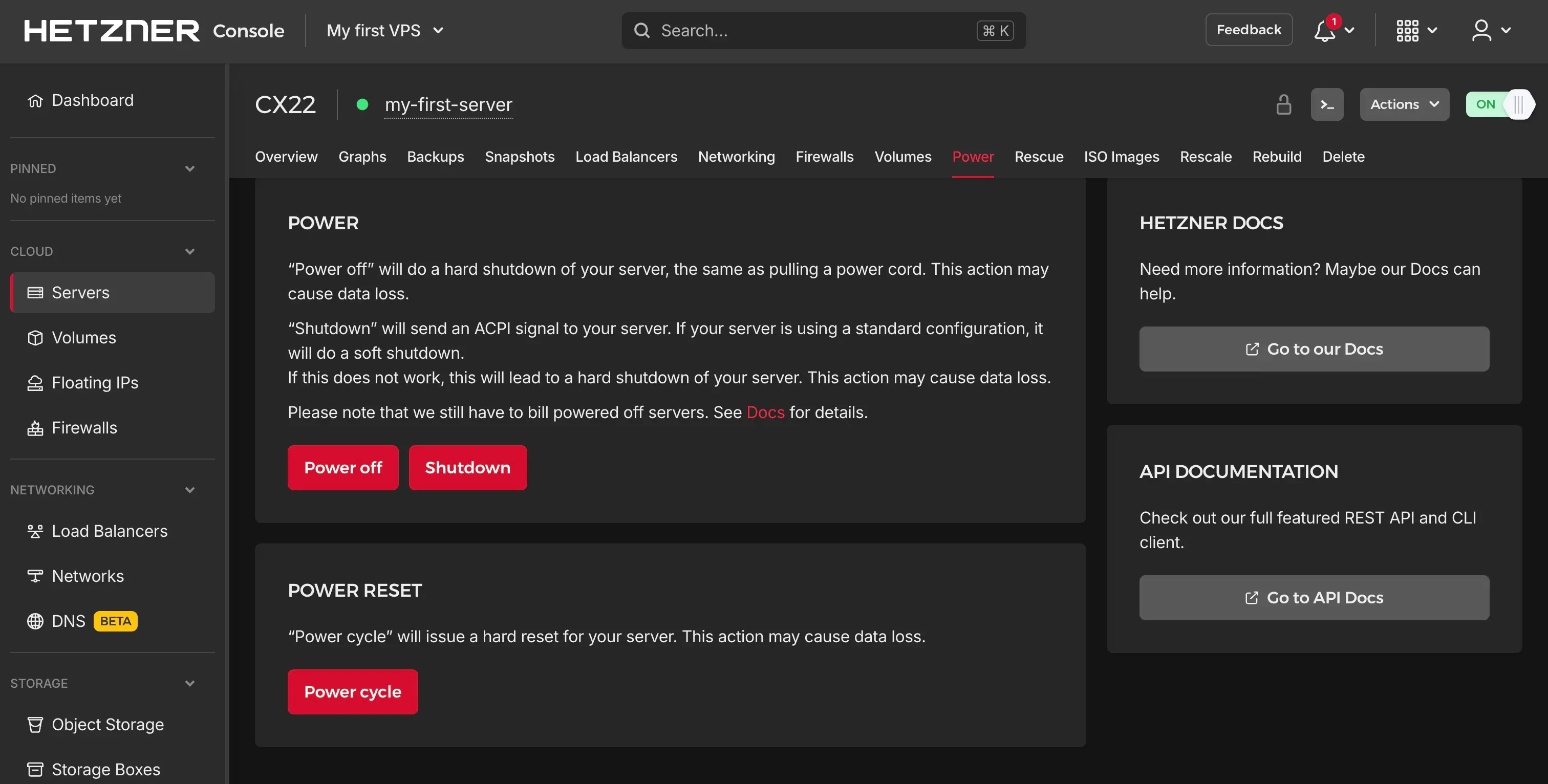 Hetzner VPS power off options