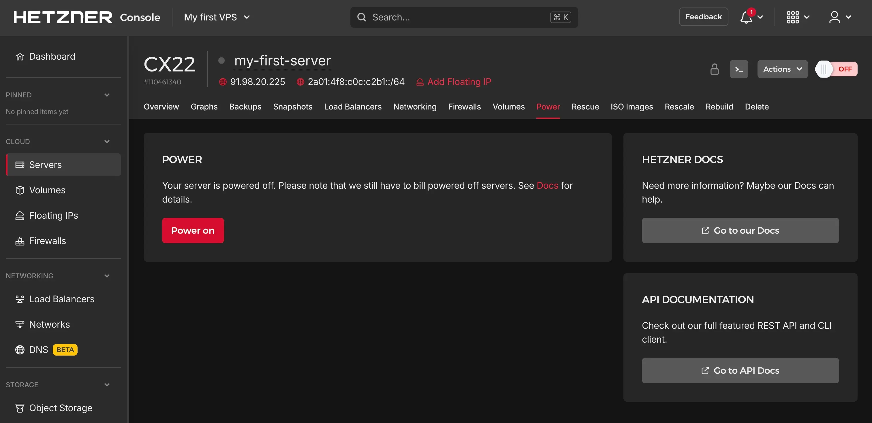 Hetzner VPS power on options