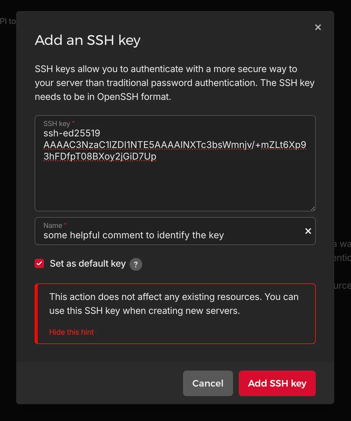 Add SSH Key to project in Hetzner cloud console