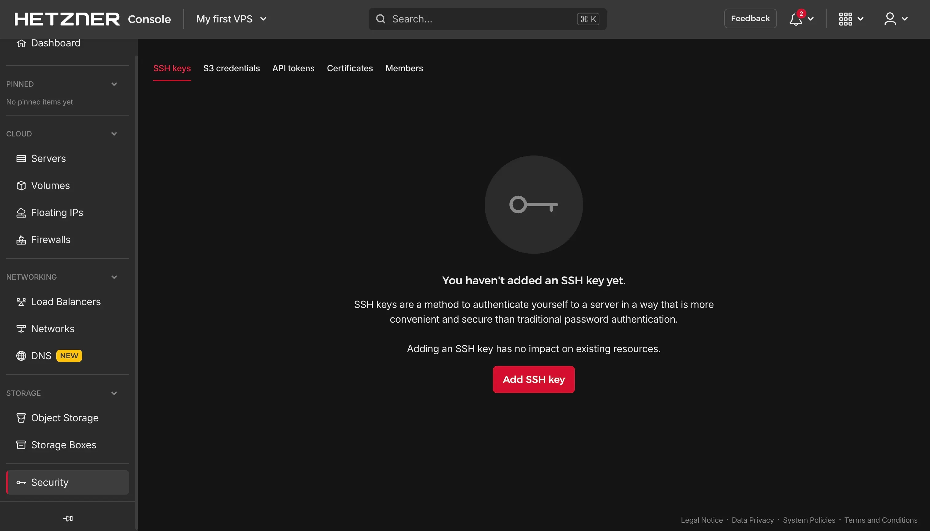 Show SSH keys for project in Hetzner cloud console